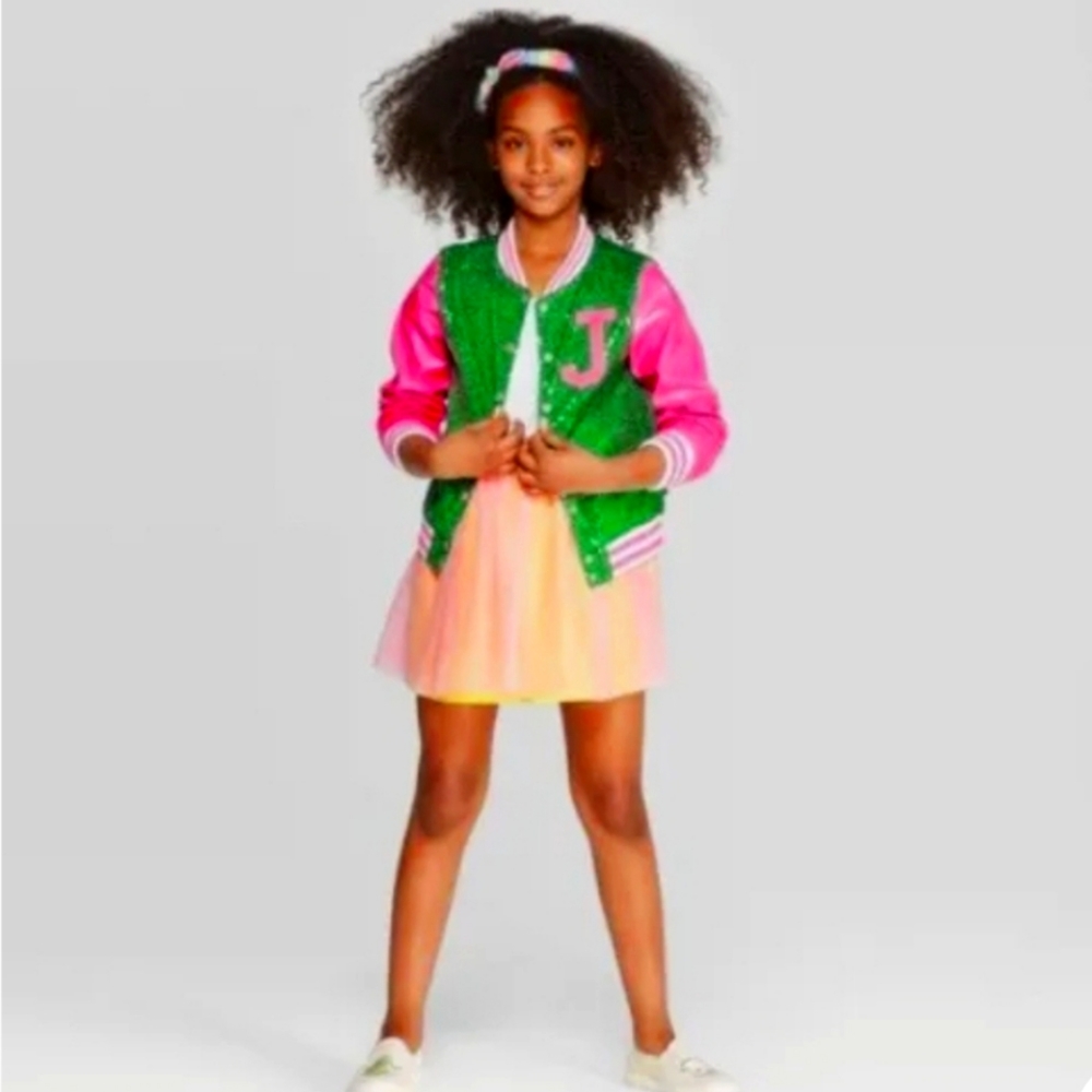 Girls JO JO SIWA Green Pink J sequin varsity bomber jacket bling!